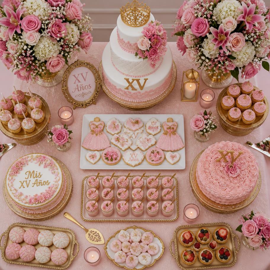 Mesa de postres para XV años en tonos rosa y dorado