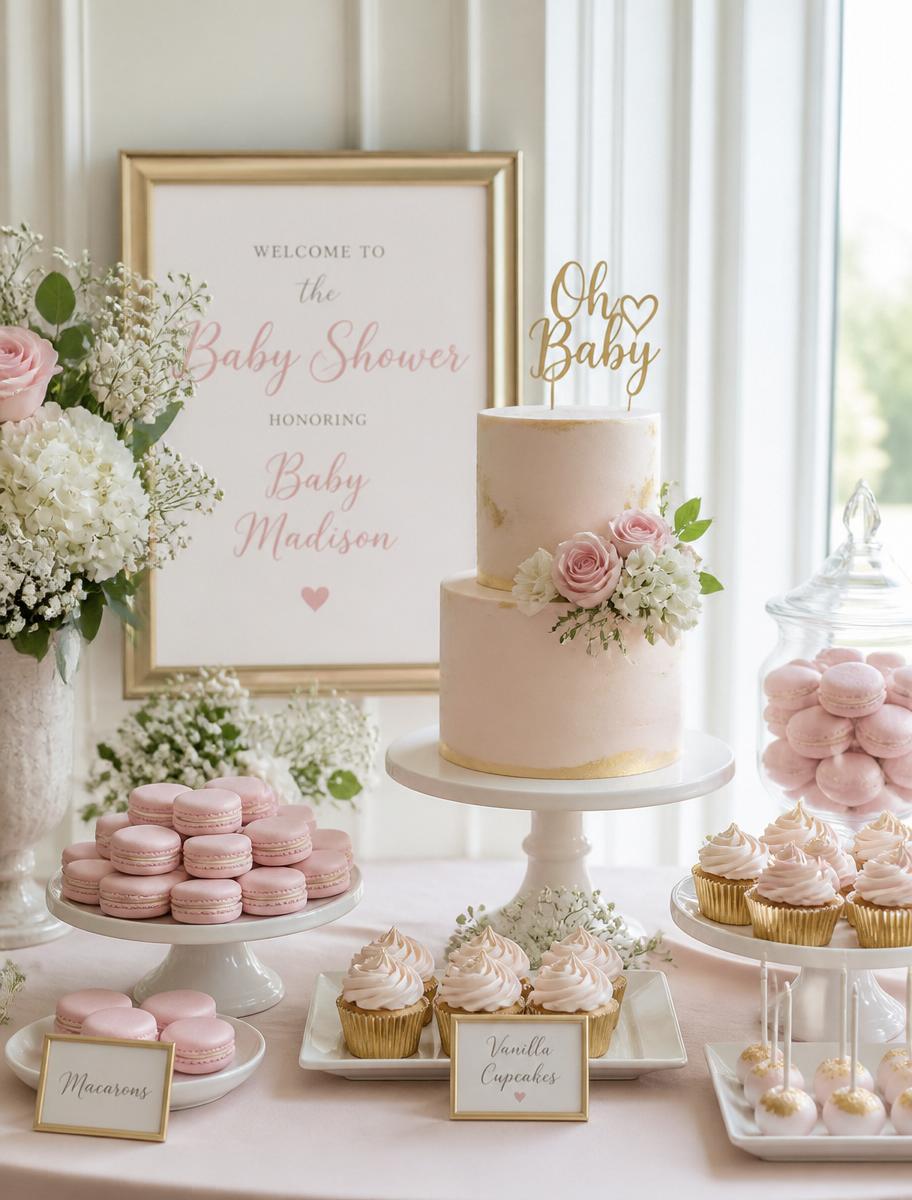 Mesa dulce de baby shower con macarons y mini pastel