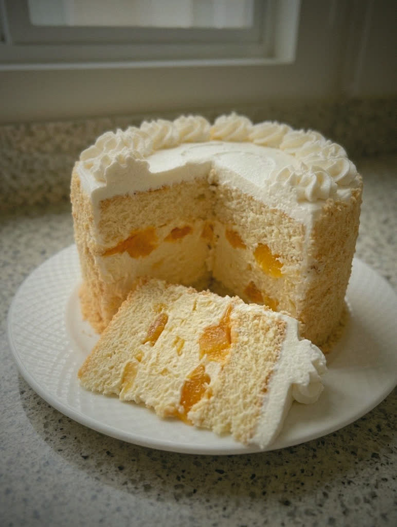 Pastel tres leches con relleno de duraznos