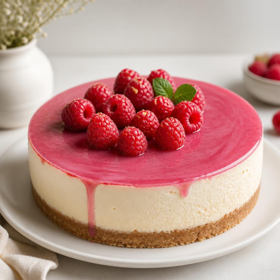 Cheesecake con espejo rosa y frambuesas frescas