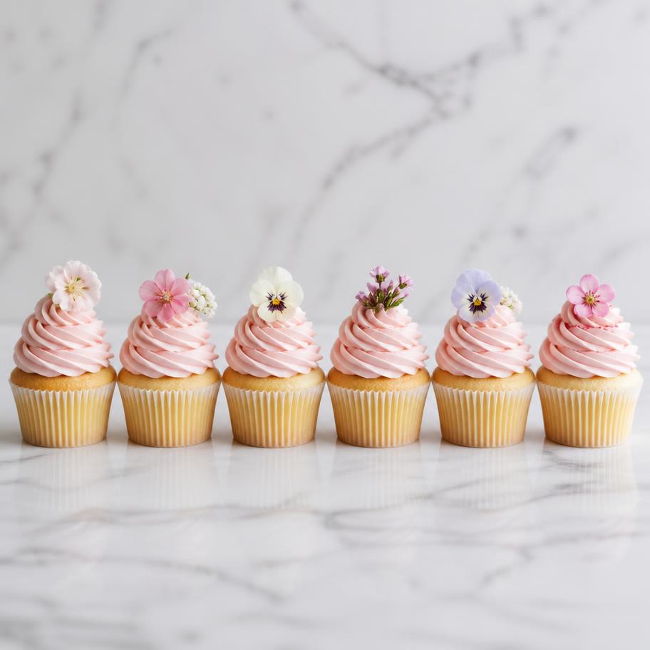 Cupcakes de vainilla con crema rosa y flores comestibles