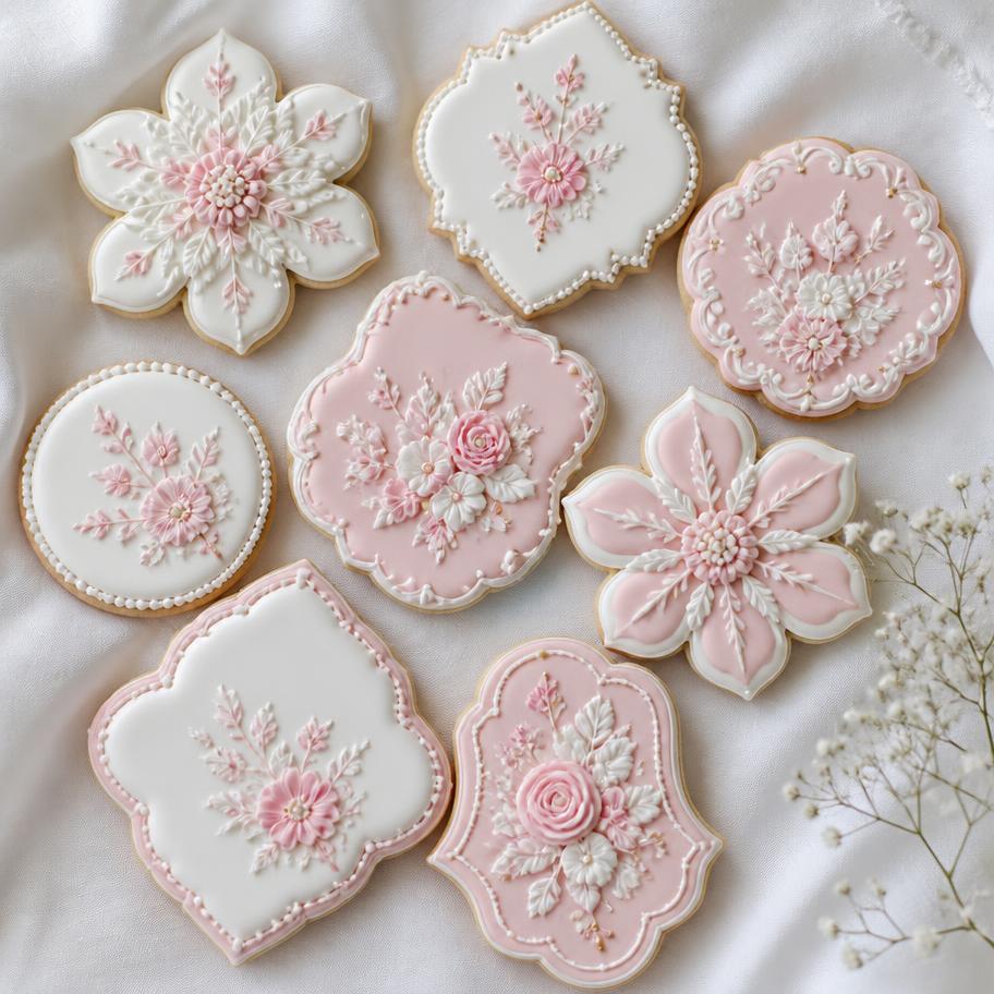 Galletas decoradas a mano con royal icing floral rosa y blanco
