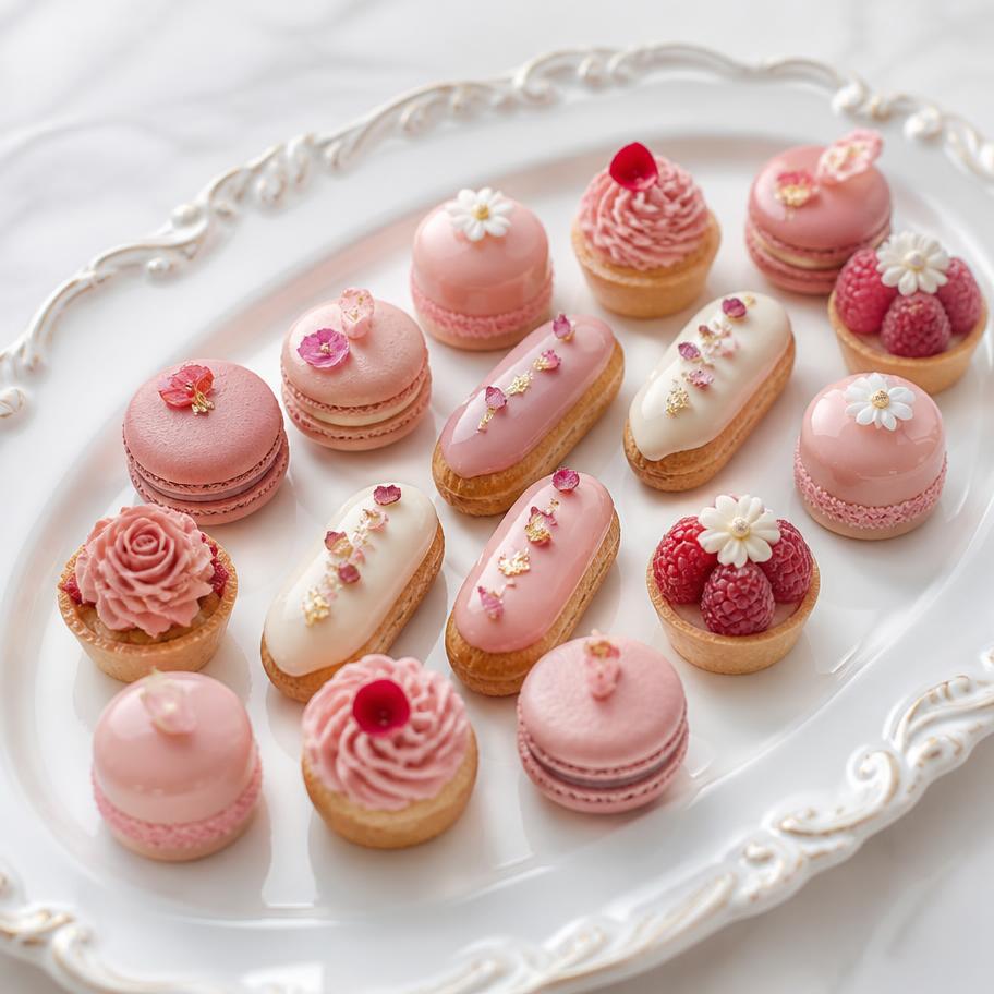 Selección de mini postres franceses en tonos pastel